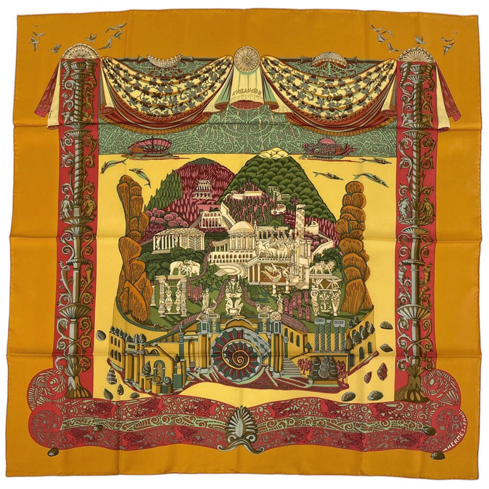 Hermes Carre 90 L'ATLANTIDE Scarf/Muffler - Silk, Orange Multicolor, Women's